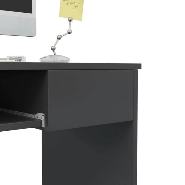 Grey side drawer on a compact computer desk with keyboard tray beneath