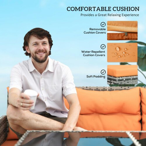 Wyld Haus Tasu Rattan Orange And Grey 7 Seater Outdoor Sofa Set With Cushions And Glass Tables