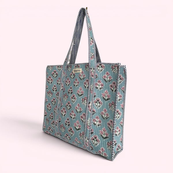 Hayley & Co Blue and Pink Ditsy Floral Quilted Cotton Tote Bag