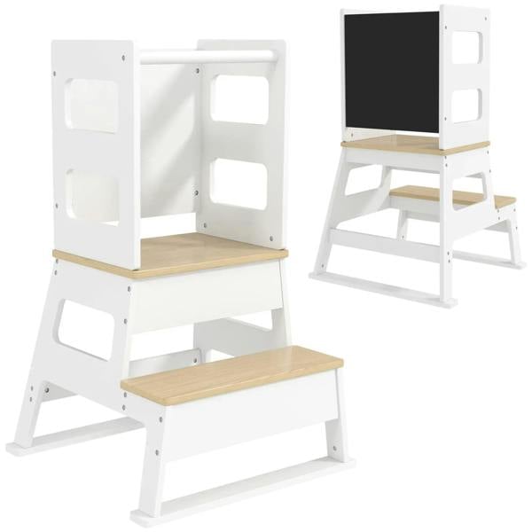 White toddler play step tower with chalkboard and safety rail, wooden platform steps