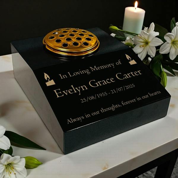 Memorials Direct Black Granite Sloping Memorial Desk with Vase – Candle Design, Free Gold Engraving
