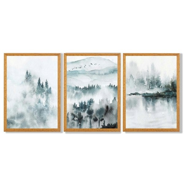 Artze Wall Art Teal Blue Abstract Forest Lake Set of 3 Framed Wall Art