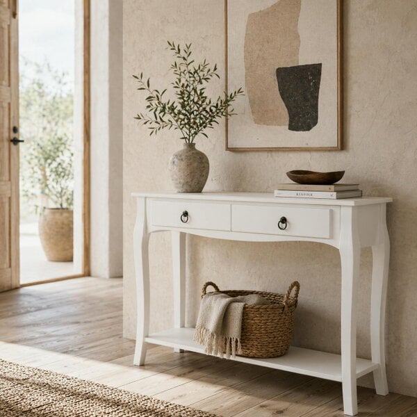 Wyld Haus Noro 100cm Wooden Ivory White Mid Century Console Table 2 Drawer And Shelf