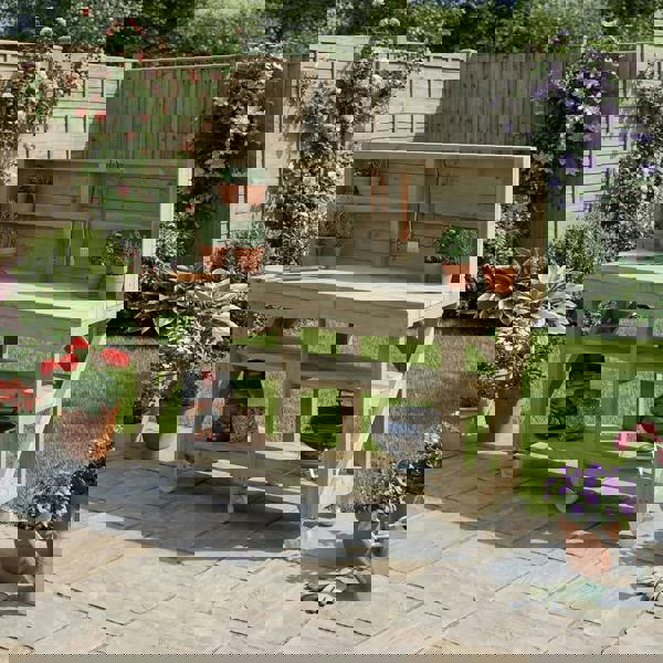 Arbor Garden Solutions Indoor/outdoor workbench, pressure treated bench with back panel, double shelf and wheels