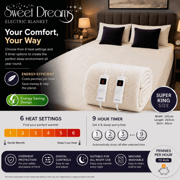 Sweet Dreams Luxury Fleece Electric Blanket Superking Size, Machine Washable Underblanket, Digital Control, Overheat Protection
