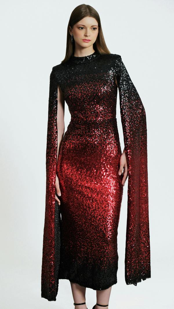 LuvForever Phoenix - Red Black Cape Sleeve Sequin Midi Dress