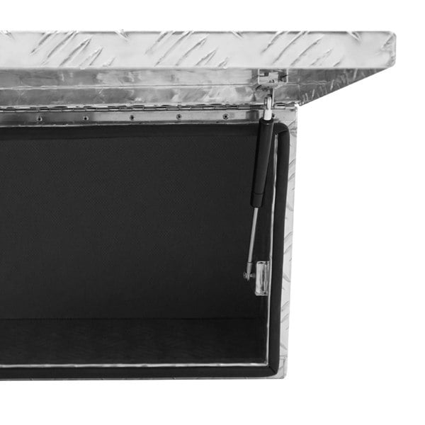 Extra large 102L aluminum tool box with a textured silver exterior, open lid, and black interior lining for secure storage