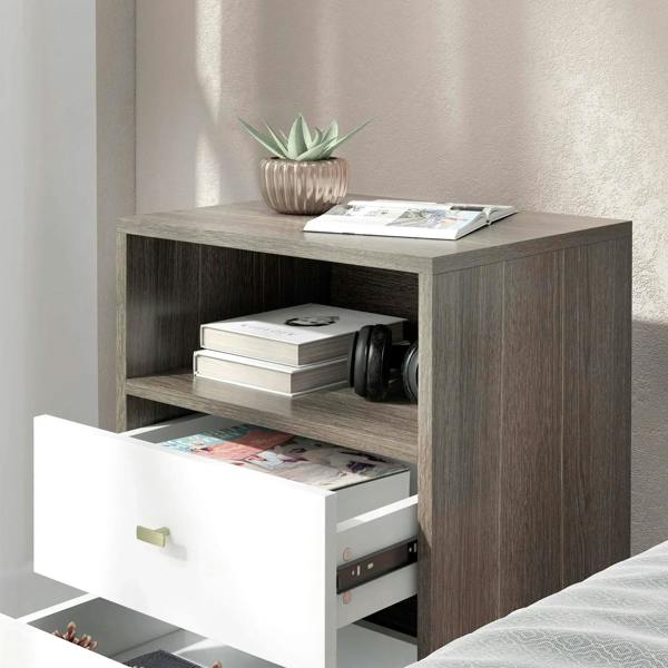 Grey bedside table with open shelf and two drawers, one drawer pulled out