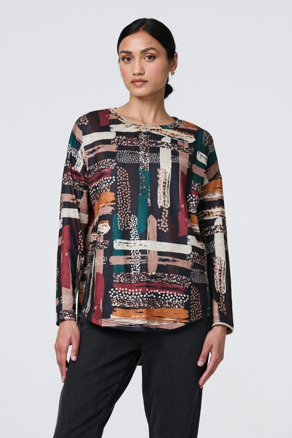 Brown | Brushstroke Print Curved Hem Long Sleeve Top
