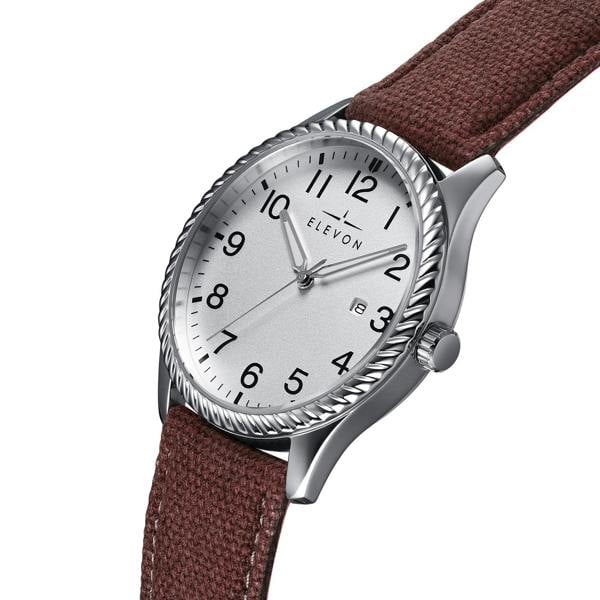 Elevon Crosswind Canvas-Overlaid Leather-Band Watch w/ Date - Silver/Brown - ELE128-1