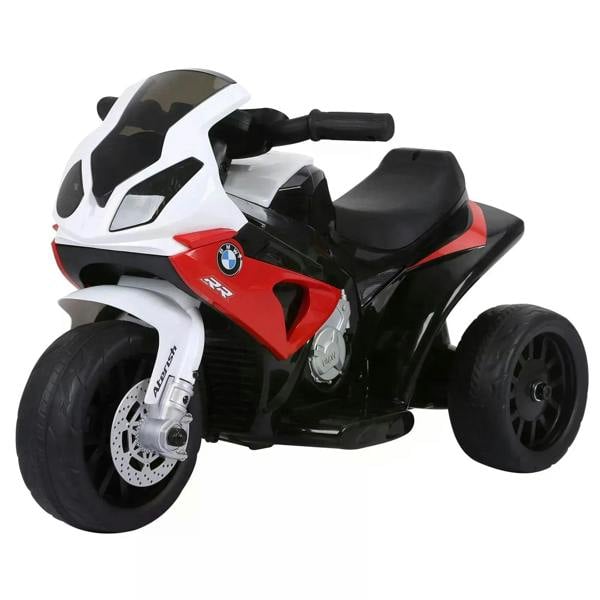 Kids ride-on motorbike with white and red fairing, black wheels and handlebar grips