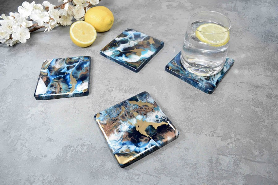 Kate Chesters Art Blue Bronze Gold Abstract Art Set of 4 Drinks Coasters