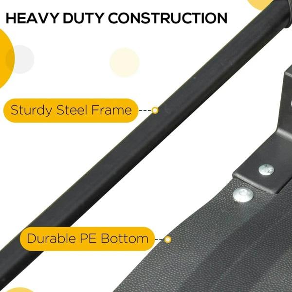 Black steel frame with durable PE bottom and visible mounting hardware