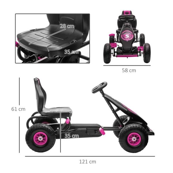 Kids pedal go kart side view with pink wheel hubs, adjustable seat, and pedals