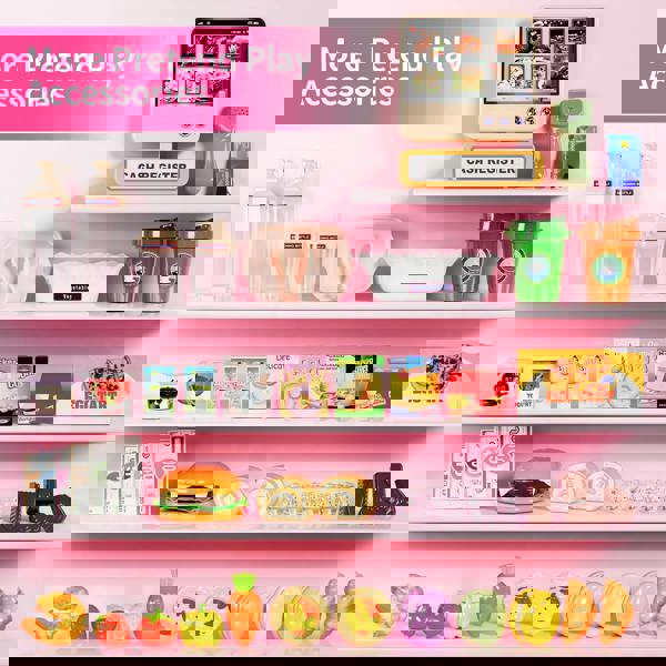 deAO Toys Deluxe Kids Grocery Store Playset with Coffee Machine & Cash Register Pretend Supermarket Toy with Accesories (Pink)