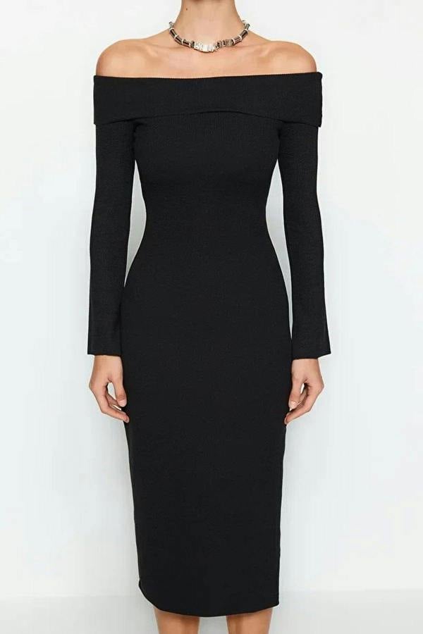 WOVCOR Carmen Collar Soft Textured Midi Knit Pencil Dress