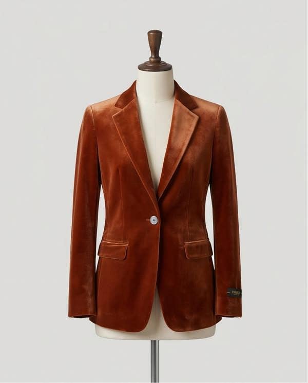 Camel velvet blazer jacket by PAMONI, featuring a tailored fit and stylish lapel, shown on a model.