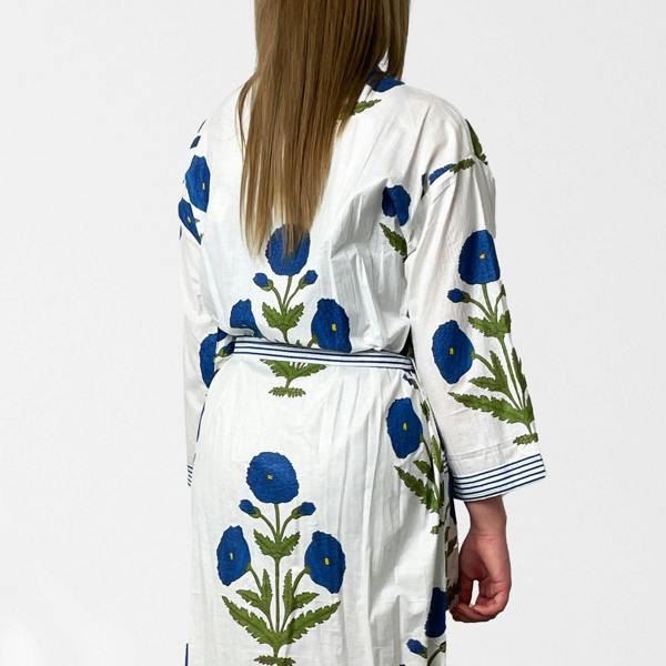 Hayley & Co White and Blue Flower Print 100% Cotton Dressing Gown