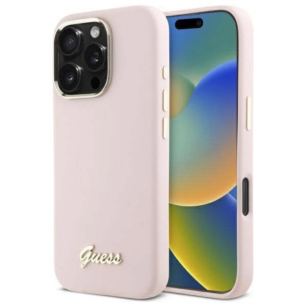 Guess Silicone Script Metal Logo & Frame Case for iPhone 16 Pro Max 6.9" Pink - GUHCP16XSMBSLP