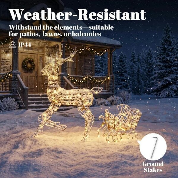 Bobobiy Lighted Reindeer and Sleigh Set, 2-Piece PP Rattan Outdoor Christmas Decoration with LEDs, 8 Modes, Daily Timer