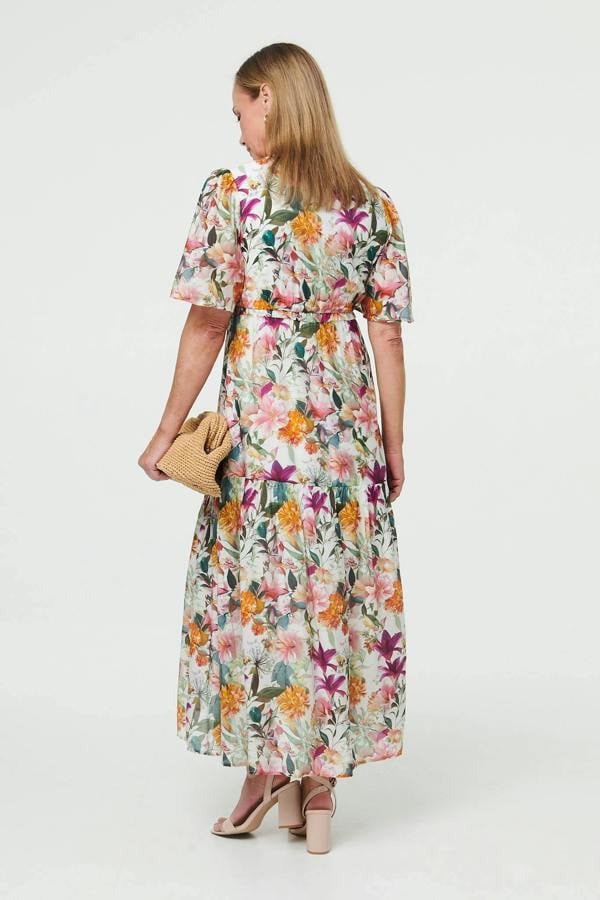 White | Floral Tiered 1/2 Sleeve Maxi Dress