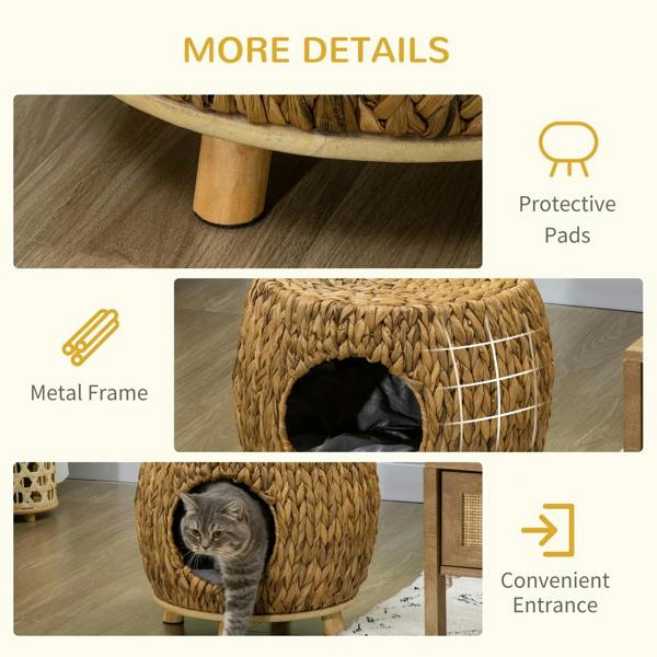 Wicker cat bed house with wooden legs and metal frame reinforcements