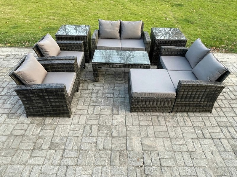 Fimous 7-Seater Dark Grey Mixed Rattan Garden Sofa Set - High Back Patio Furniture with Coffee Table & Armchairs
