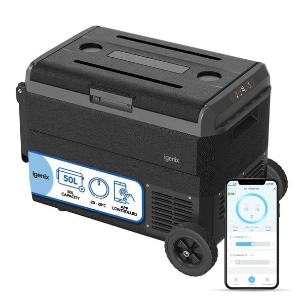 The Igenix 50L Portable Fridge Freezer in black is shown next to a smartphone with an app interface, highlighting its convenient temperature control—ideal for camping.