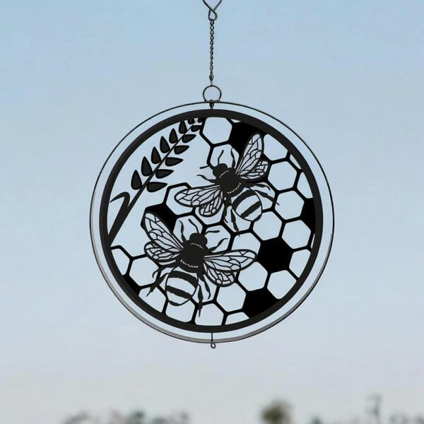 EDH Door Hardware Black Metal Honey Bees Hanging Silhouette Orbit Spinner – 39cm x 23cm | Outdoor & Indoor Wind Spinner for Garden, Patio & Home Décor