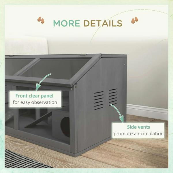 Charcoal grey wooden hamster cage with side vents and front clear panel for viewing