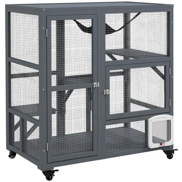 Cat House, Wooden Indoor Catio Cat Enclosure on Wheels, Wooden Kitty Cage with Platforms, Hammock, Light Grey