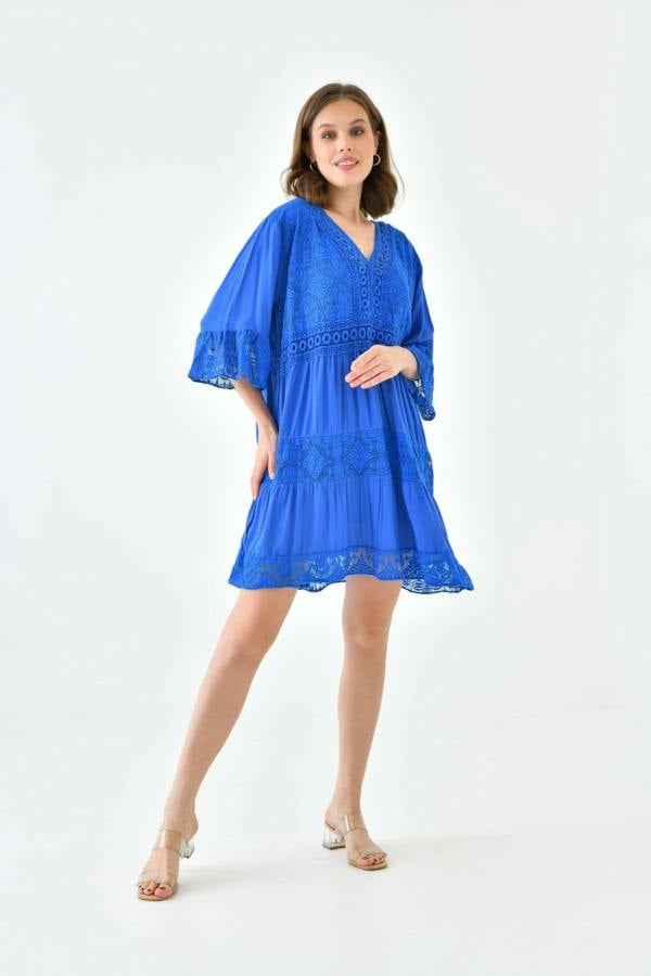 Hoxton Gal Oversized 3/4 Sleeves Lace Detailed V Neck Mini Dress in Royal Blue
