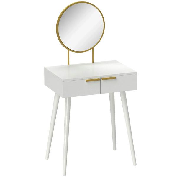 White dressing table with round mirror, drawer and gold trim, slim legs