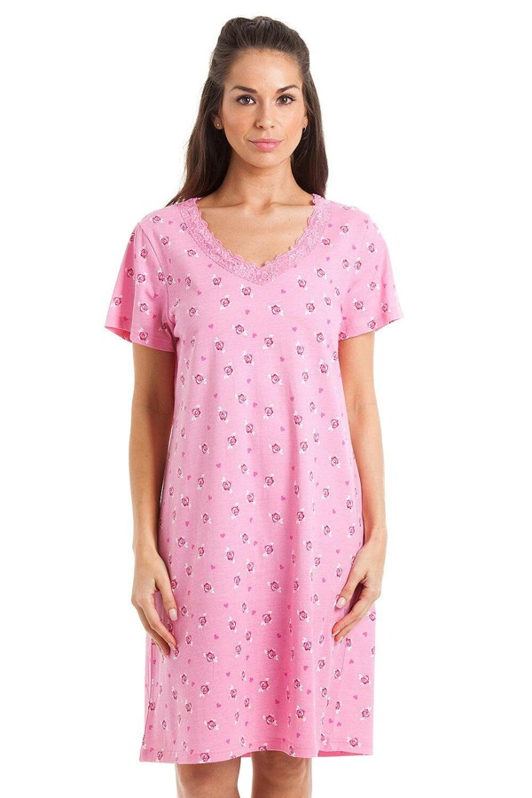 Camille Classic Rose Print Cotton Nightdress - pink floral heart
