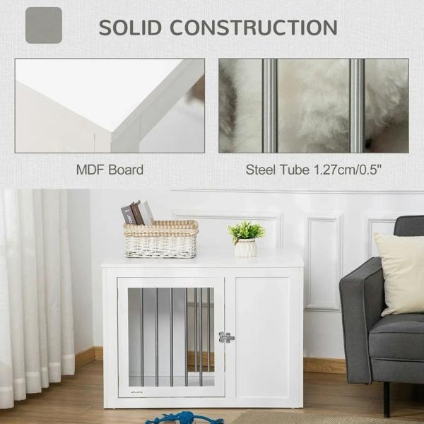 White dog cage and side table with MDF panels and steel tube metal-bar construction