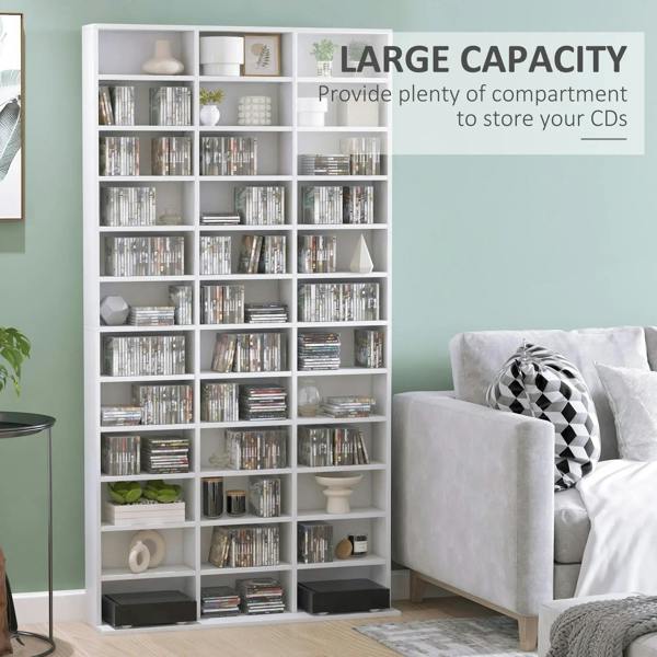 White book and storage cabinet with many open cubbies for CDs and small items