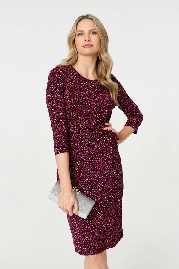 Pink | Animal Print Knot 3/4 Sleeve Short Dress : Model is 5'10"/178 cm and wears UK10/EU38/US6/AUS10
