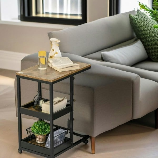 Rafaelo Mobilia Industrial C Shaped Side Table 3-Tier With Wheels