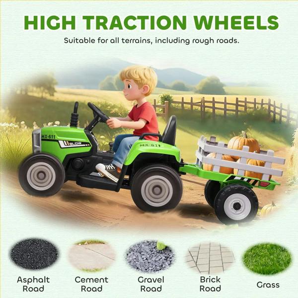 Green ride-on tractor with high-traction wheels and detachable trailer