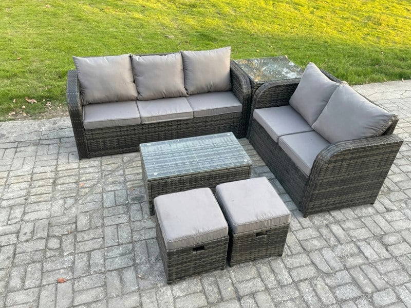 Fimous 7-Seater Rattan Wicker Garden Sofa Set - Dark Grey Mixed Patio Conservatory Furniture with Rectangular Coffee Table & 2 Small Footstools