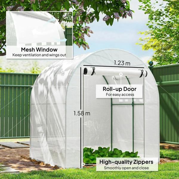 White walk-in greenhouse with roll-up door, mesh window panels, green frame