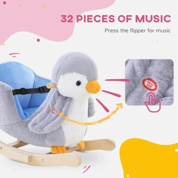 Gray plush penguin rocking toy with press button on belly and wooden rocker base