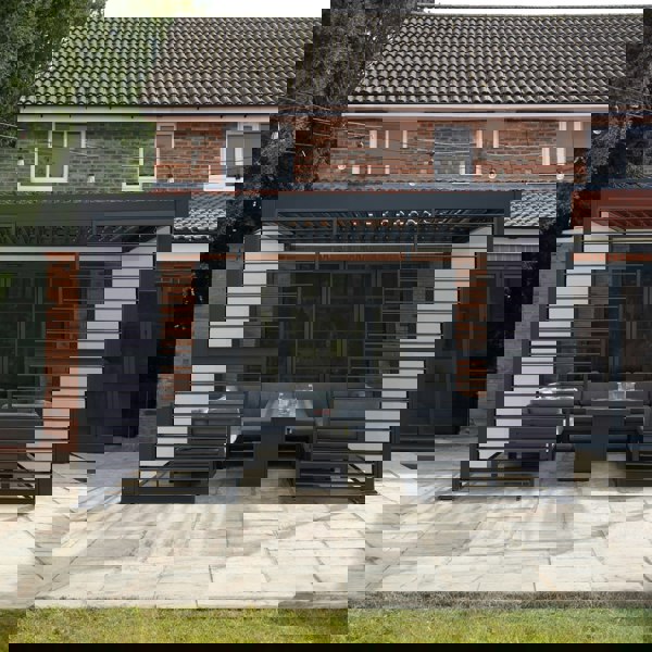 Monstershop Anthracite Aluminium Pergola With White Blinds & 2 Shutter Panels - 3m x 3m