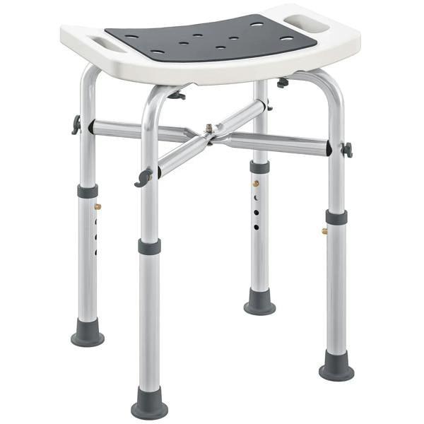 Grey shower and bath stool with grey seat and white aluminium frame, non-slip feet