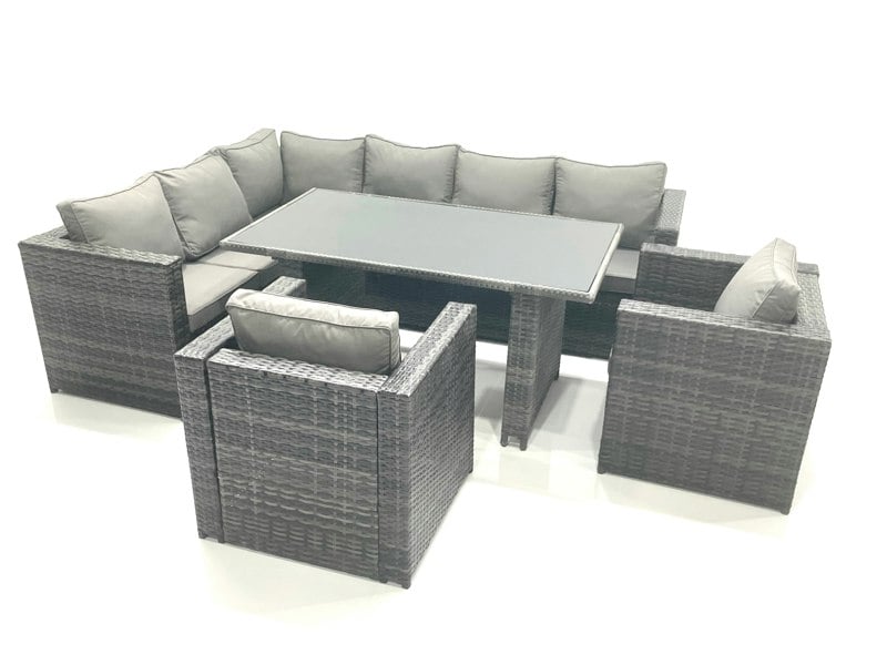 Fimous Dark Grey Outdoor Lounge Rattan Corner Sofa Set Garden Furniture Rectangular Dining Table Chair