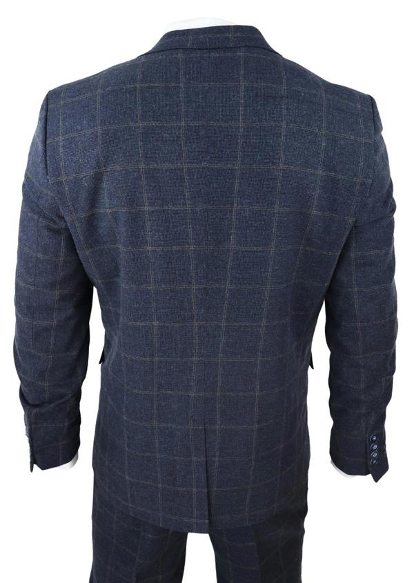 TruClothing Mens 3 Piece Wool Suit Navy Blue Tweed Check Peaky Blinders 1920 Gatsby Formal