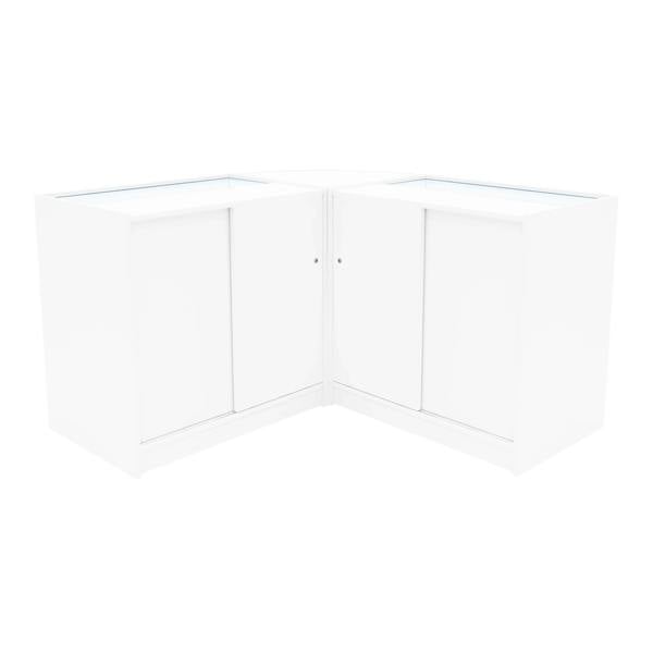 White Andromeda LED shop counter set featuring a sleek, modern design with two C900 display units and glass tops for visibility
