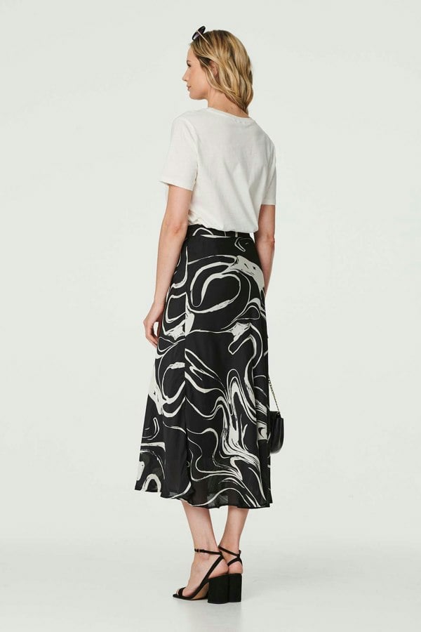 Black | Printed High Waist A-Line Midi Skirt