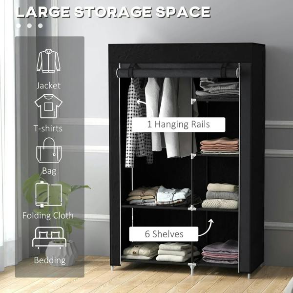 Black wardrobe open with 1 hanging rail and 6 shelves for clothes and bedding storage.