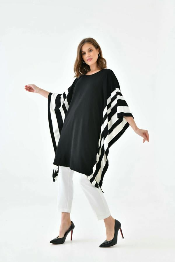 Hoxton Gal Oversized Wide Sleeve Tunic Dress with White Stripe Details in Black